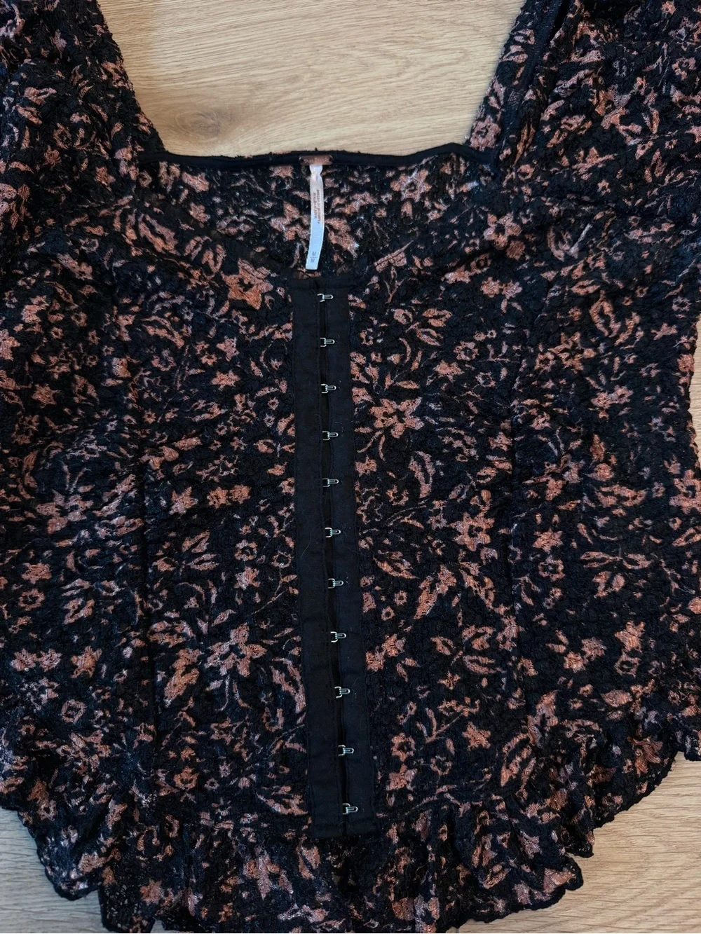 Free People Black Puff Sleeve Floral Lace-Trim Blouse oh baby corset medium